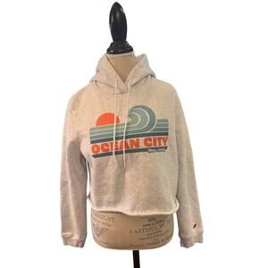 League Ocean City New Jersey Cropped Hoodie Sweatshirt Grey Size Med EUC